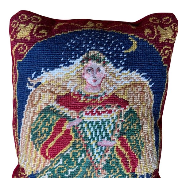 Vintage Handmade Christmas Angel Needlepoint Counted Cross Stitch Throw Pillow - Picture 4 of 6